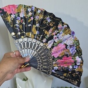 Black Gold Butterfly Floral Design Folding Hand Fan New